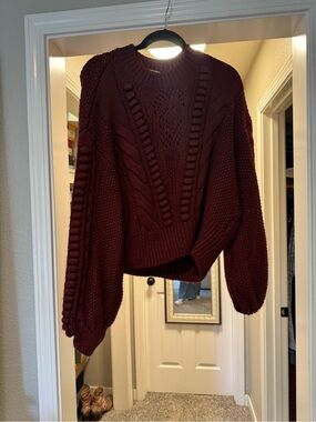 Anthropologie Burgundy Cable Knit Crewneck Sweater